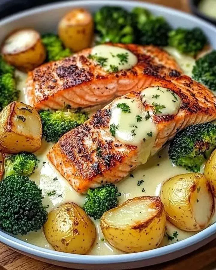 Lemon salmon fillet served with crispy potatoes on a plate