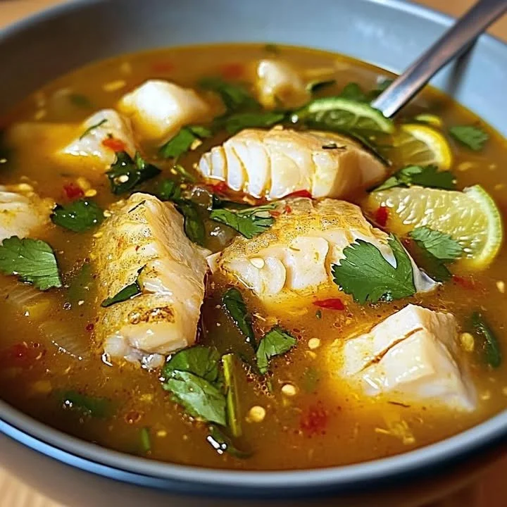 Bowl of lemon-spiced fish soup garnished with herbs and lemon slices.
