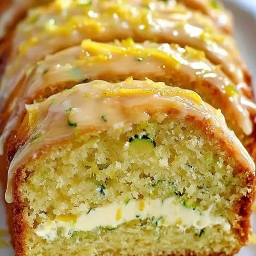 Lemon Zucchini Cake with cream cheese frosting on a wooden table