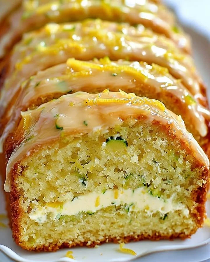 Lemon Zucchini Cake with cream cheese frosting on a wooden table
