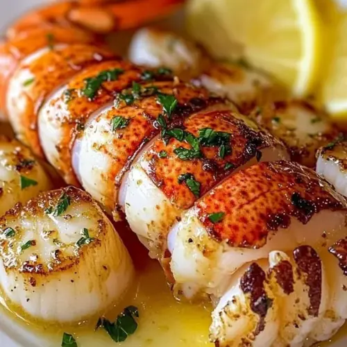 Lobster tail served with seared scallops on a gourmet plate