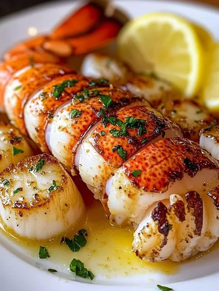 Lobster tail served with seared scallops on a gourmet plate
