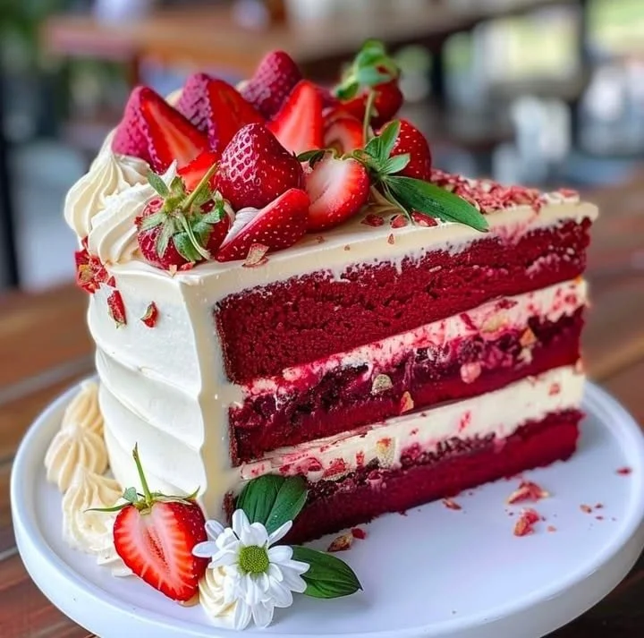 Luscious red velvet cake topped with fresh strawberries