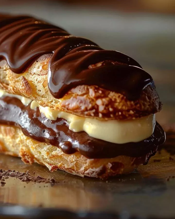 Luxurious chocolate eclairs with rich filling and glossy chocolate glaze.