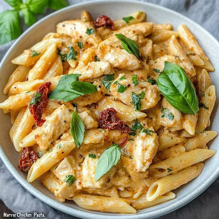 Creamy Marry Me Chicken served with pasta on a plate, garnished with herbs.