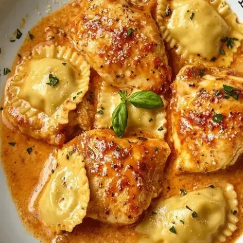 Delicious Marry Me Chicken served with ravioli in creamy sauce
