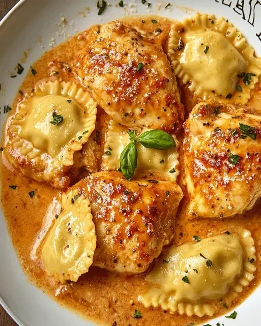 Delicious Marry Me Chicken served with ravioli in creamy sauce
