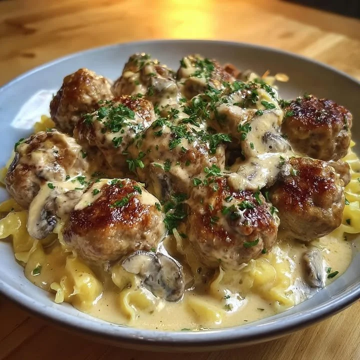 Meatball Stroganoff with Dreamy Cream served in a bowl