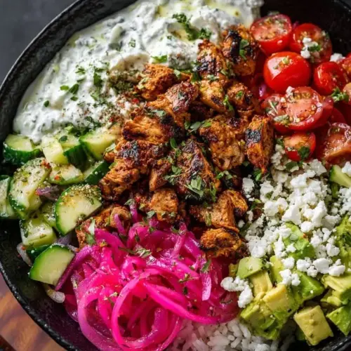 Mediterranean Chicken Bowl served with creamy tzatziki sauce and fresh vegetables
