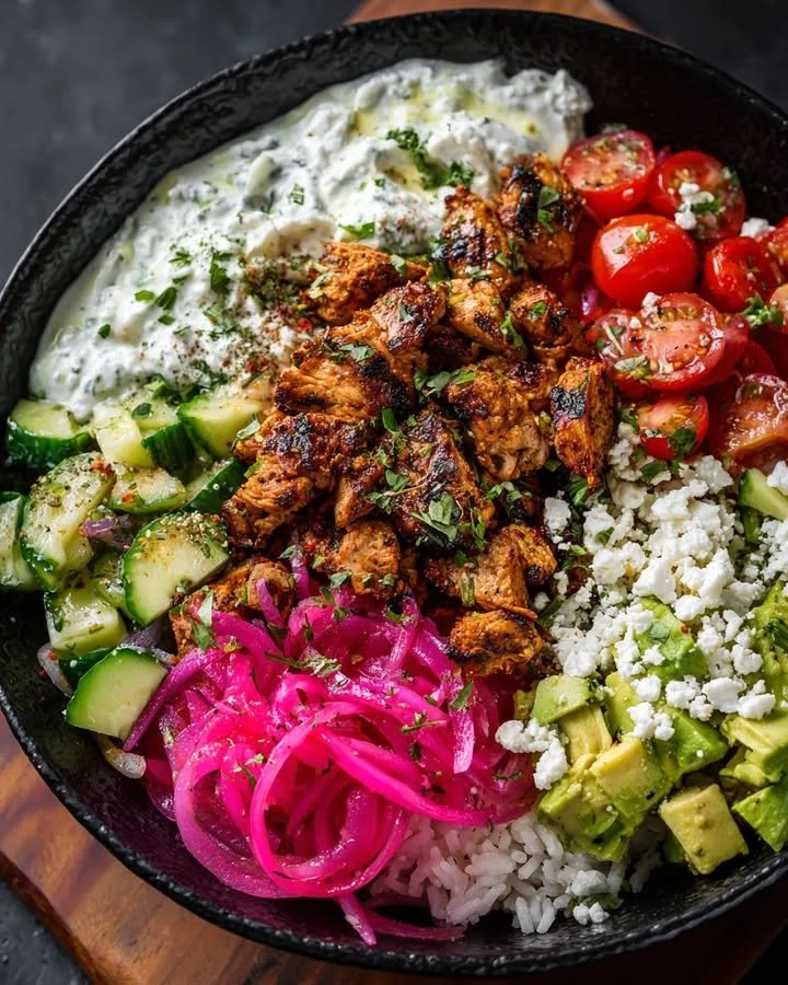 Mediterranean Chicken Bowl served with creamy tzatziki sauce and fresh vegetables