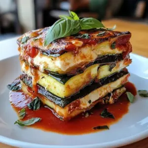 Mozzarella Roasted Vegetable Lasagna with Ricotta topped with fresh vegetables and herbs
