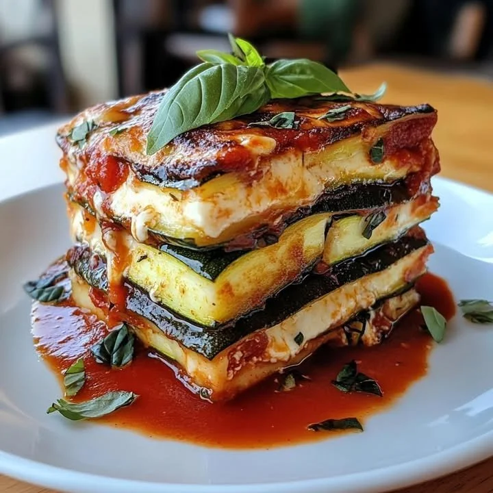 Mozzarella Roasted Vegetable Lasagna with Ricotta topped with fresh vegetables and herbs