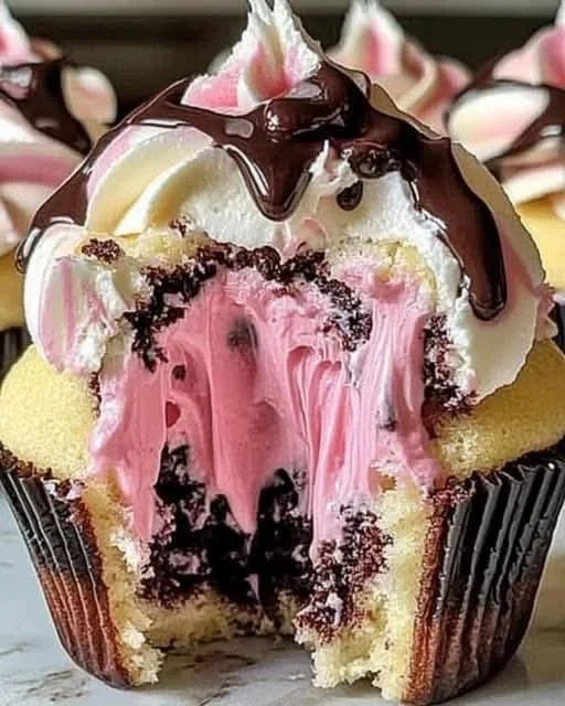 Delicious Neapolitan Cream Cupcakes showcasing chocolate, vanilla, and strawberry layers.