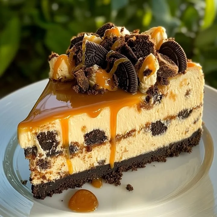 New York Style Caramel Reese’s Cheesecake topped with peanut butter and caramel sauce
