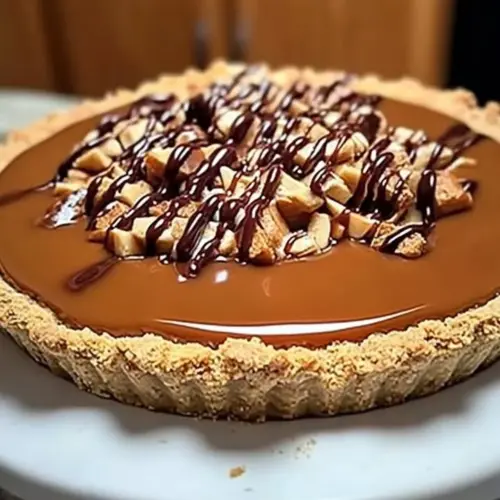 Delicious no-bake caramel turtle pie topped with chocolate and nuts