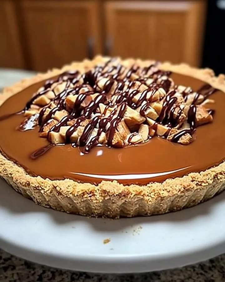 Delicious no-bake caramel turtle pie topped with chocolate and nuts