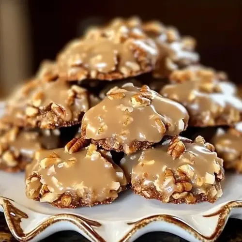No-bake coconut praline cookies with pecans on a decorative plate