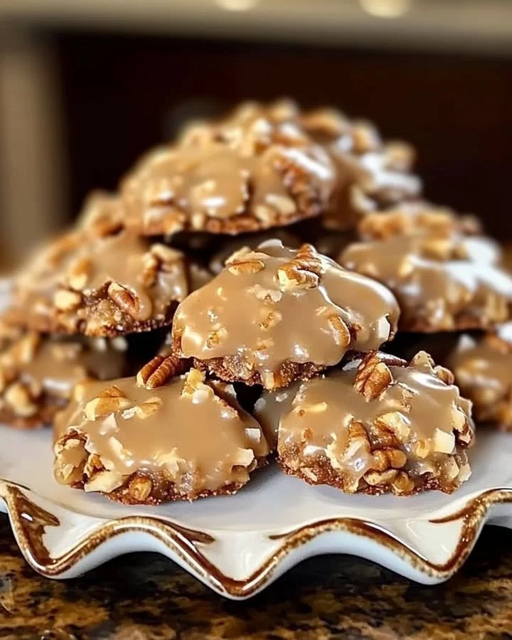 No-bake coconut praline cookies with pecans on a decorative plate