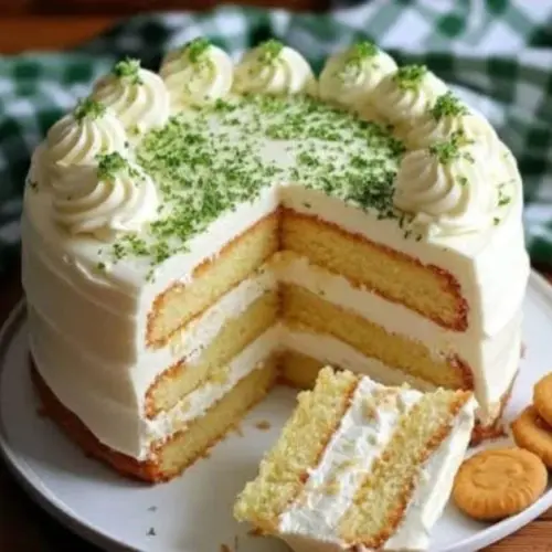 No-Bake Cold Lemon Cake topped with fresh lemon slices and whipped cream