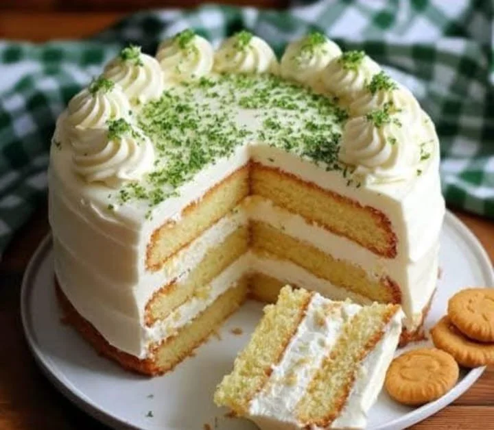 No-Bake Cold Lemon Cake topped with fresh lemon slices and whipped cream