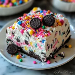 No-Bake Funfetti Oreo Icebox Cake dessert with colorful sprinkles and Oreos