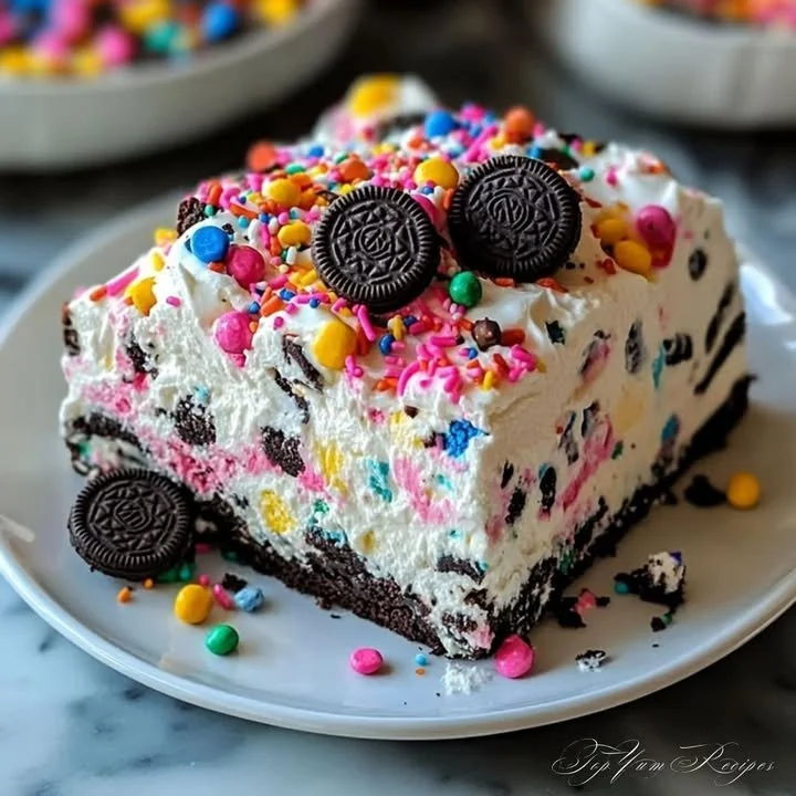 No-Bake Funfetti Oreo Icebox Cake dessert with colorful sprinkles and Oreos