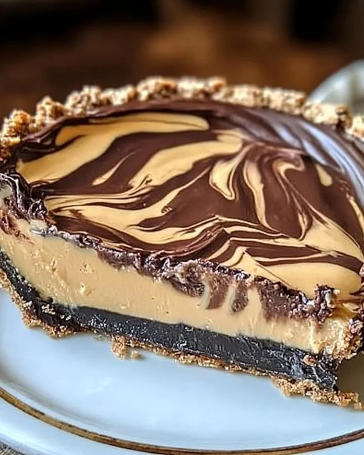 Delicious no-bake swirl pie with chocolate and peanut butter layers