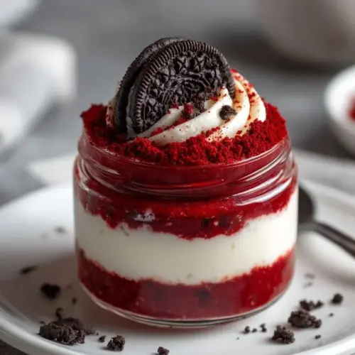 Delicious Oreo Velvet Cake Jars with creamy frosting and Oreo crumbles