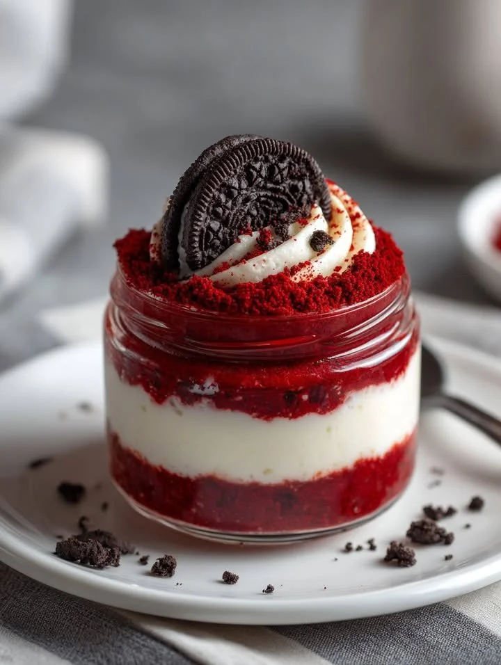Delicious Oreo Velvet Cake Jars with creamy frosting and Oreo crumbles