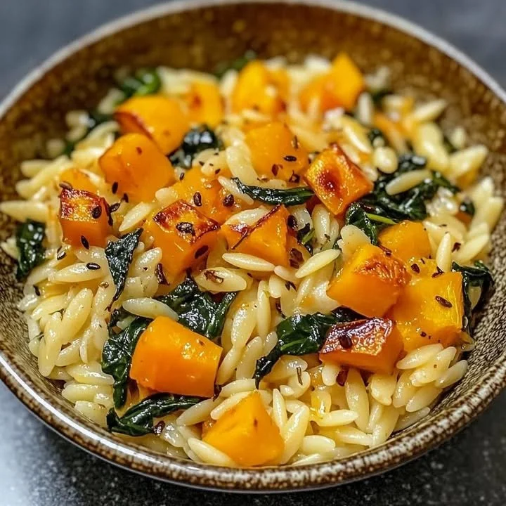 Orzo recipe topped with spinach and butternut squash in a bowl