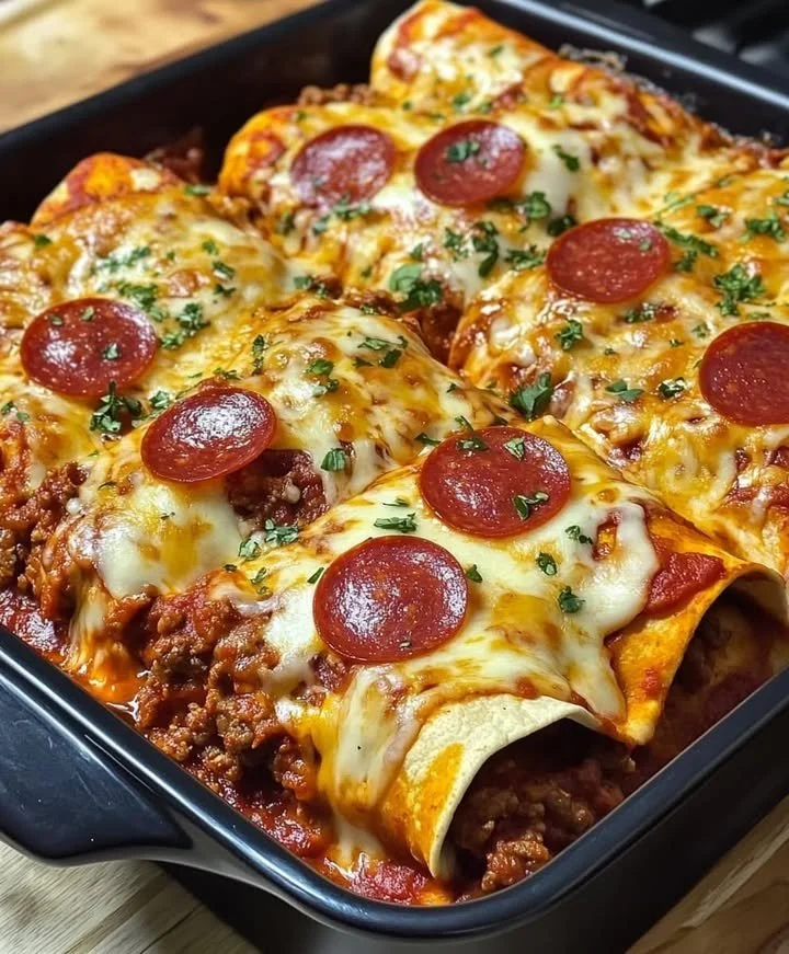 Delicious pepperoni pizza enchiladas topped with melting cheese
