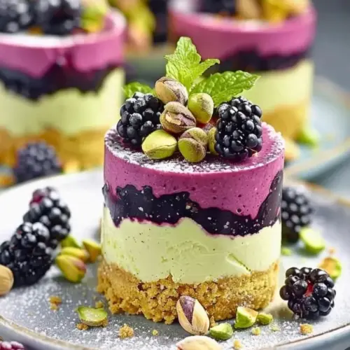 Pistachio and blackberry cheesecake towers beautifully presented on a plate