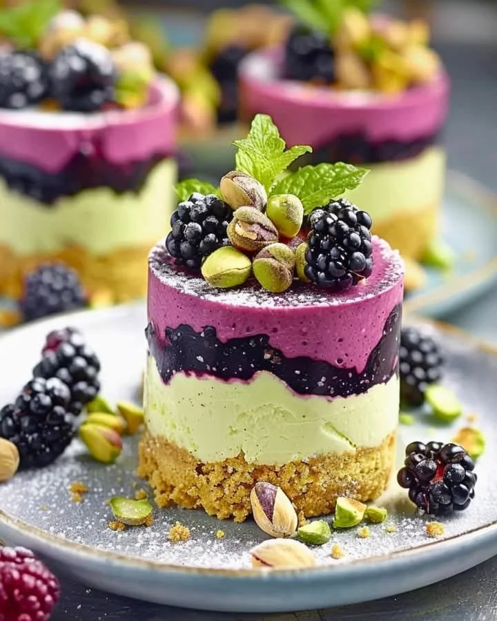 Pistachio and blackberry cheesecake towers beautifully presented on a plate