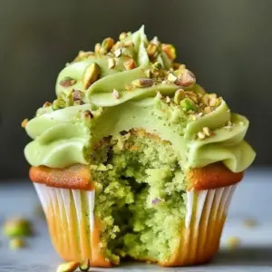 Pistachio cupcakes topped with vanilla frosting on a decorative plate