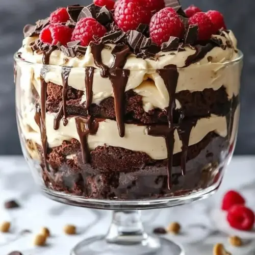 Layered Raspberry Butter Fudge Brownie Trifle with raspberries and chocolate fudge
