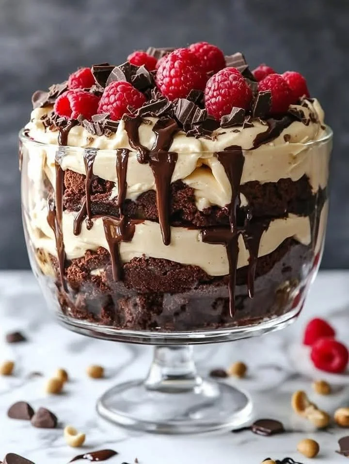 Layered Raspberry Butter Fudge Brownie Trifle with raspberries and chocolate fudge
