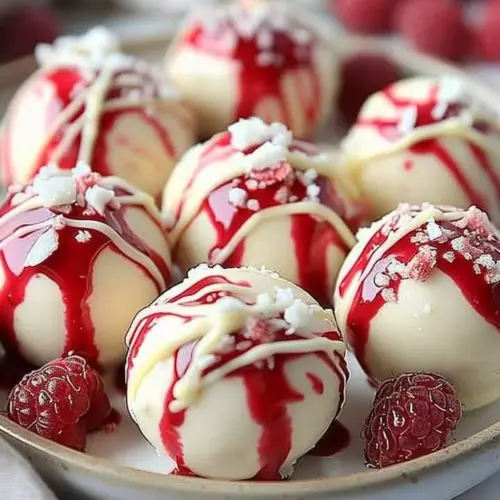 Raspberry White Chocolate Cheesecake Bites on a decorative plate