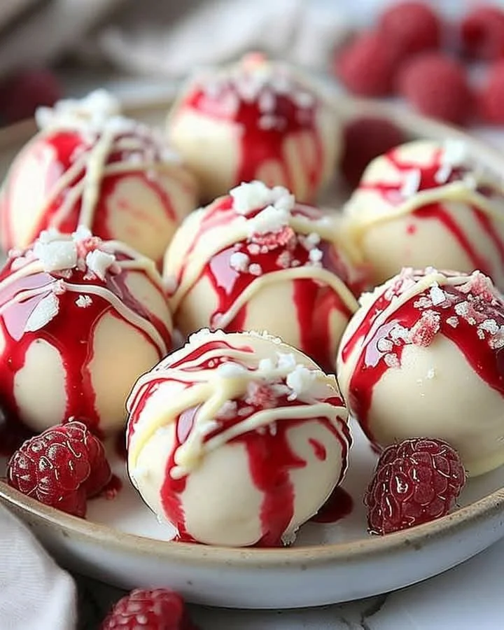 Raspberry White Chocolate Cheesecake Bites on a decorative plate