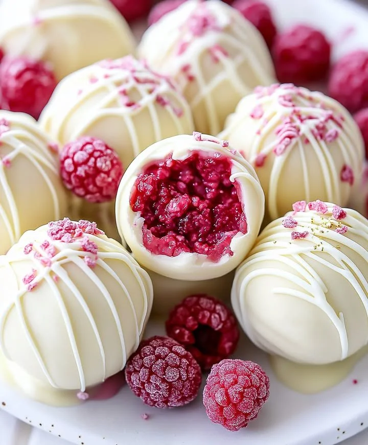 Raspberry White Chocolate Cheesecake Bites on a plate, showcasing a delicious dessert.