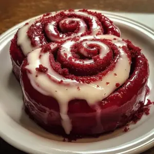 Red Velvet Swirl Cinnamon Rolls topped with cream cheese icing