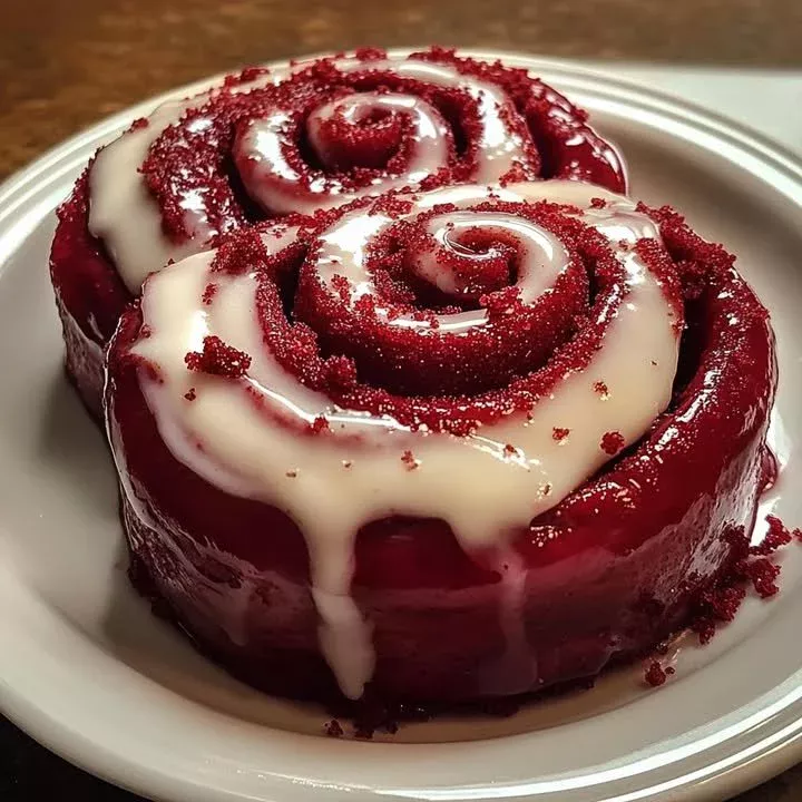 Red Velvet Swirl Cinnamon Rolls topped with cream cheese icing