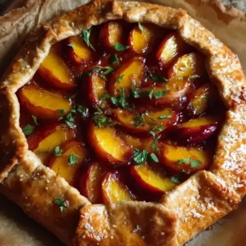 Rustic peach galette served on a rustic wooden table with fresh peaches