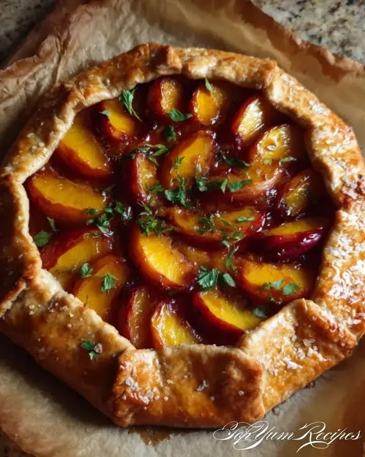 Rustic peach galette served on a rustic wooden table with fresh peaches