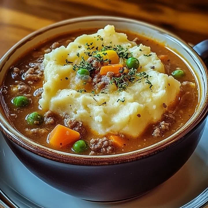 Bowl of savory Shepherd's Pie Soup garnished with herbs and fresh vegetables.