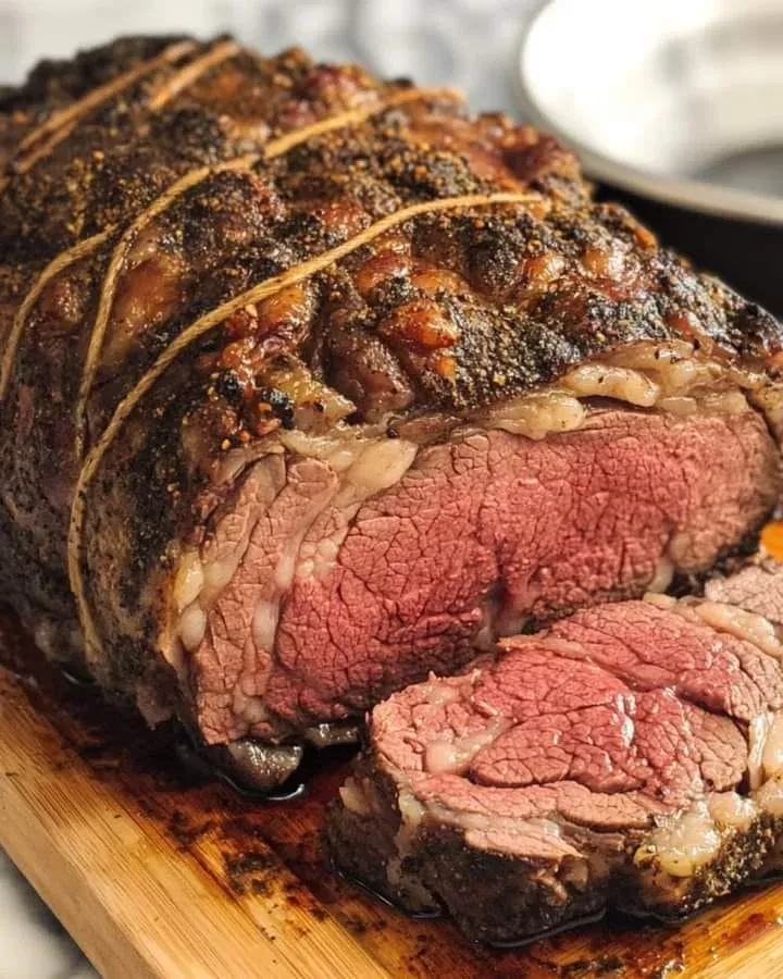 Perfectly cooked prime rib roast showcasing juicy, tender meat and a flavorful crust.