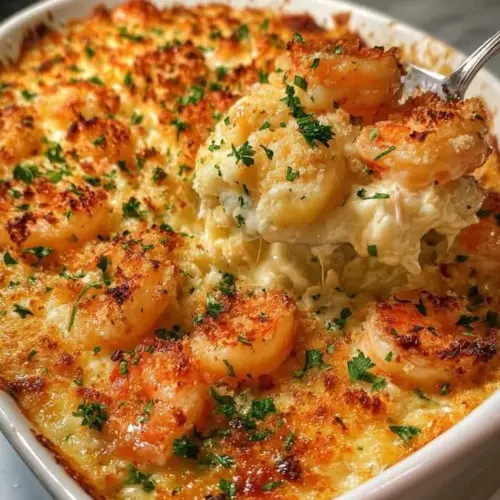 Shrimp and Crab Au Gratin Casserole topped with crispy breadcrumbs