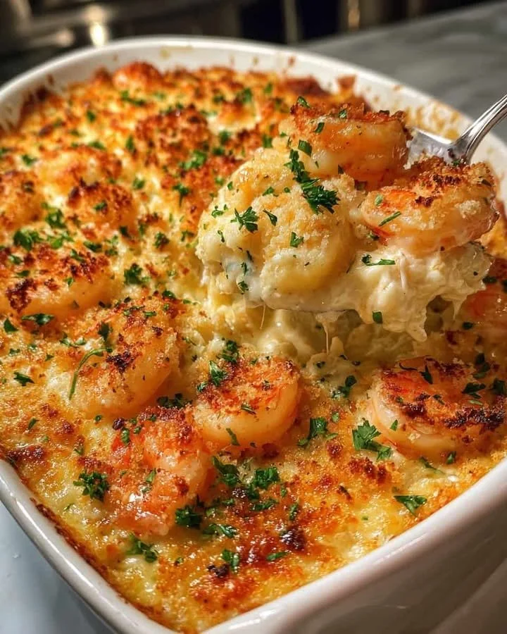 Shrimp and Crab Au Gratin Casserole topped with crispy breadcrumbs