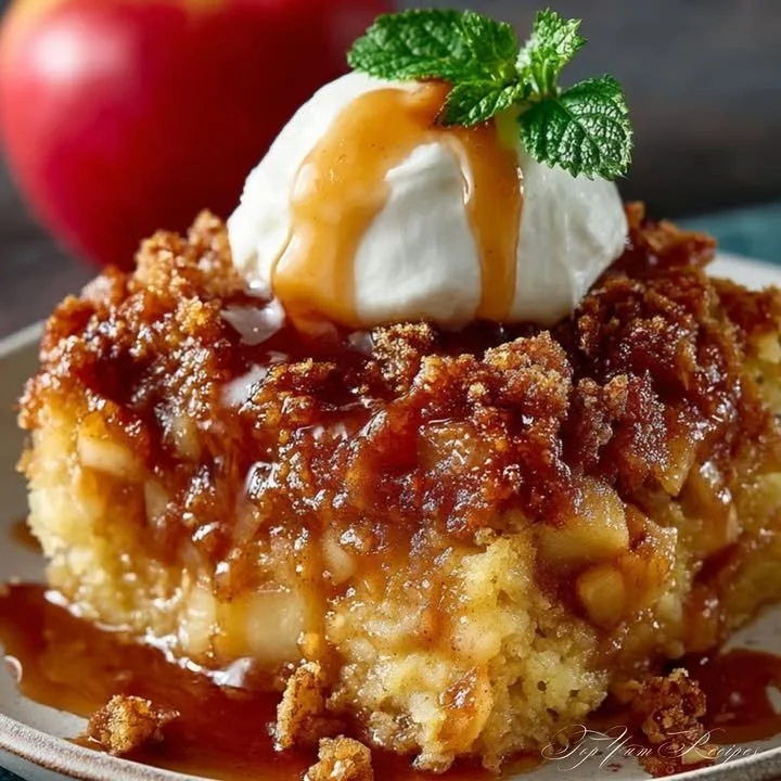 Delicious slow cooker spiced apple cake topped with cinnamon and apple slices