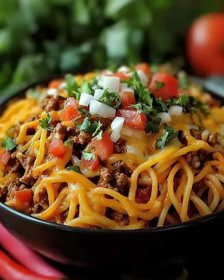 Delicious slow cooker taco spaghetti served in a bowl
