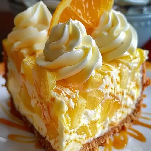 Delicious Southern Pineapple Orange Swirl Cheesecake with vibrant fruit swirl